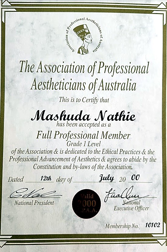 Association of Professional Aestheticians of Australia membership certificate, 2000
