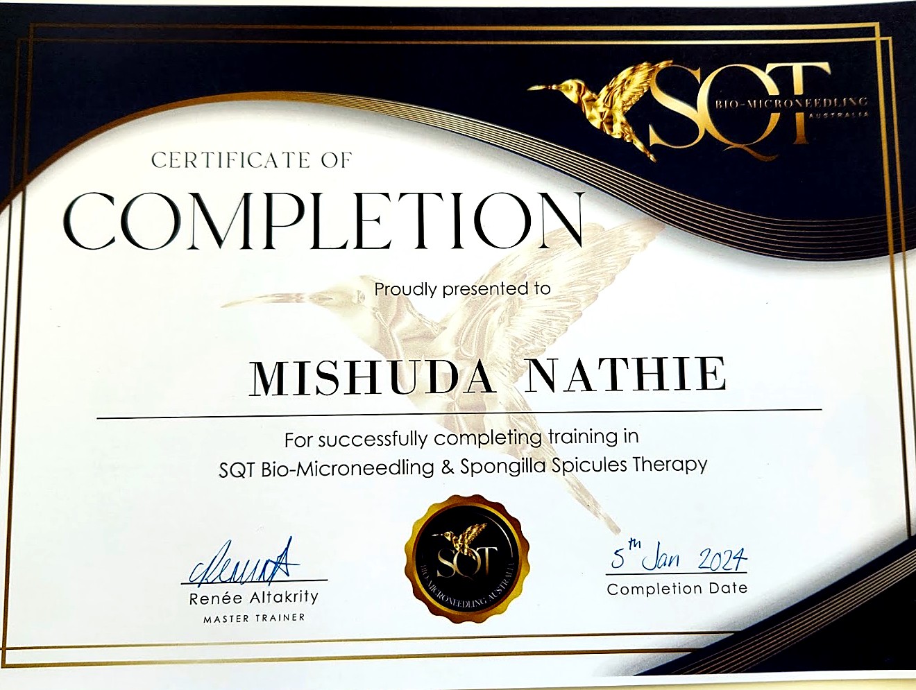 SQT Bio-Microneedling and Spongilla Spicules Therapy certificate, 2024